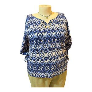 Ruby Rd. Size XXL Blue & White Geometric 3/4 Sleeve Stretch Top